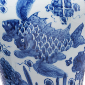 Blue & White Porcelain Temple Jar - Fishes