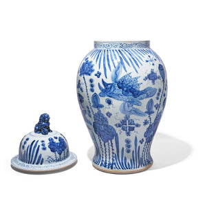 Blue & White Porcelain Temple Jar - Fishes