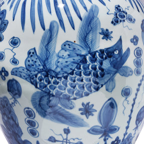 Blue & White Porcelain Temple Jar - Fishes