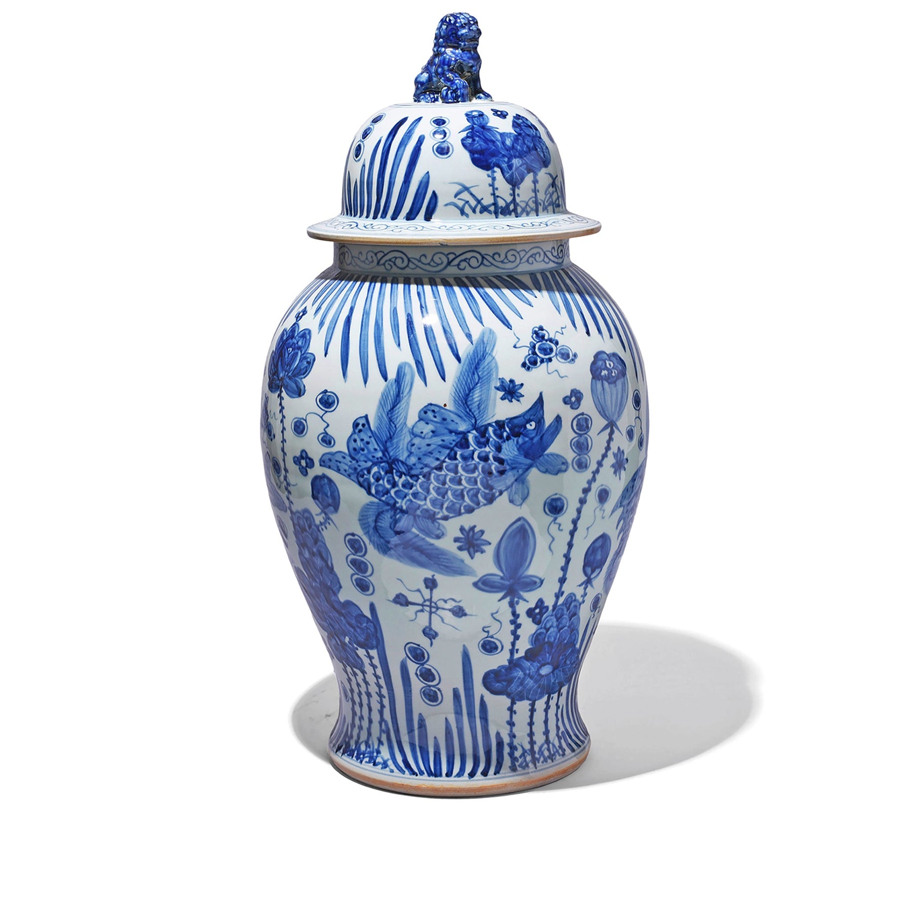 Blue & White Porcelain Temple Jar - Fishes