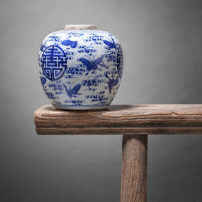 Small Blue & White Porcelain Ginger Jar - Butterfly Design