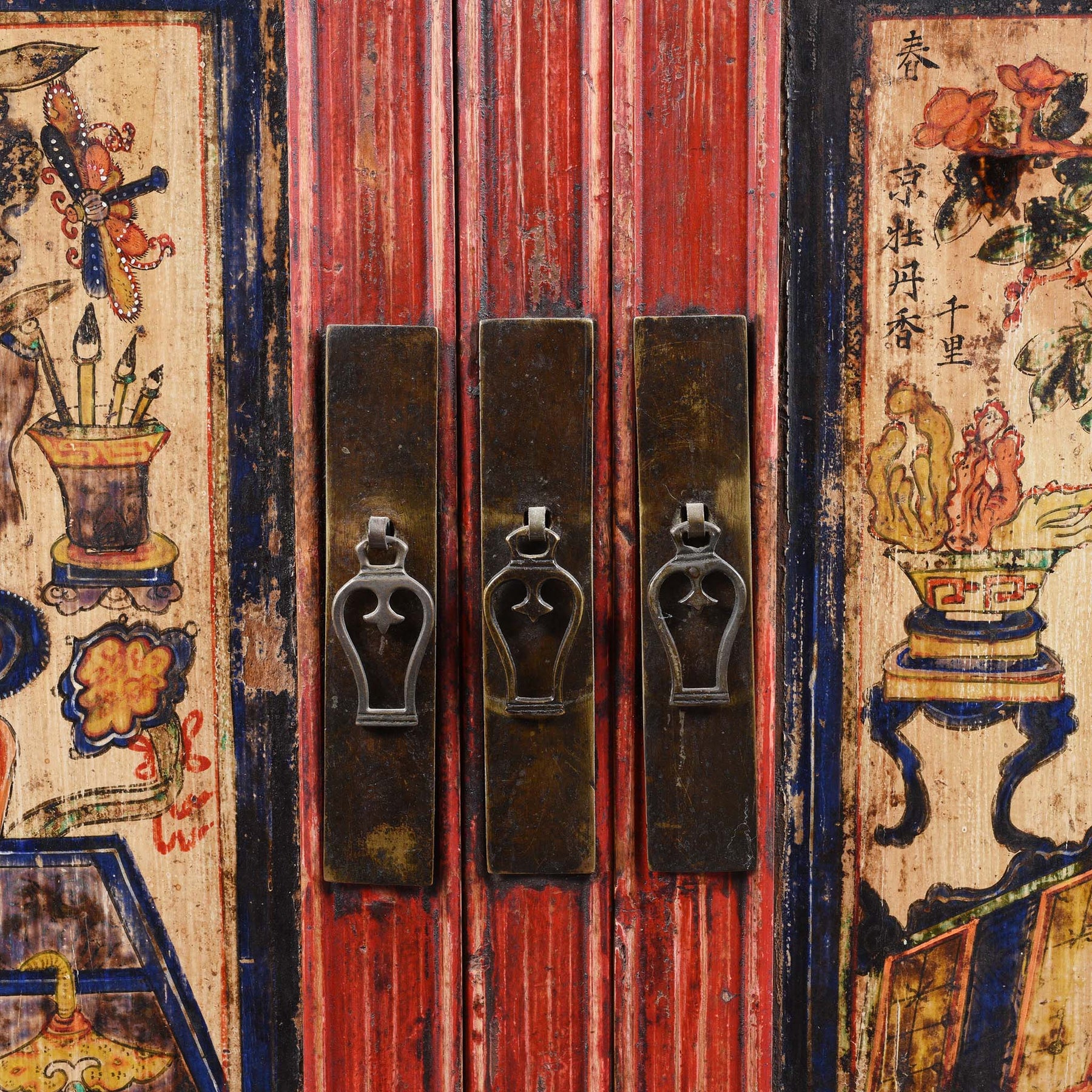Painted Mongolian Book Cabinet Made From Elm - 19thC