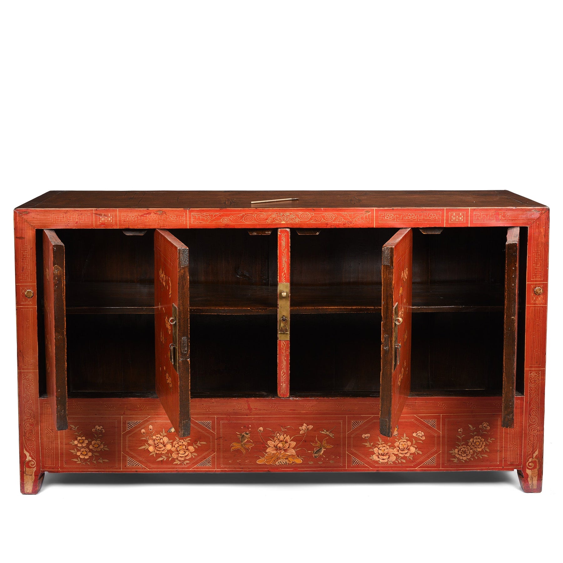Red Lacquer Chinese Sideboard From Dongbei - Ca 1920