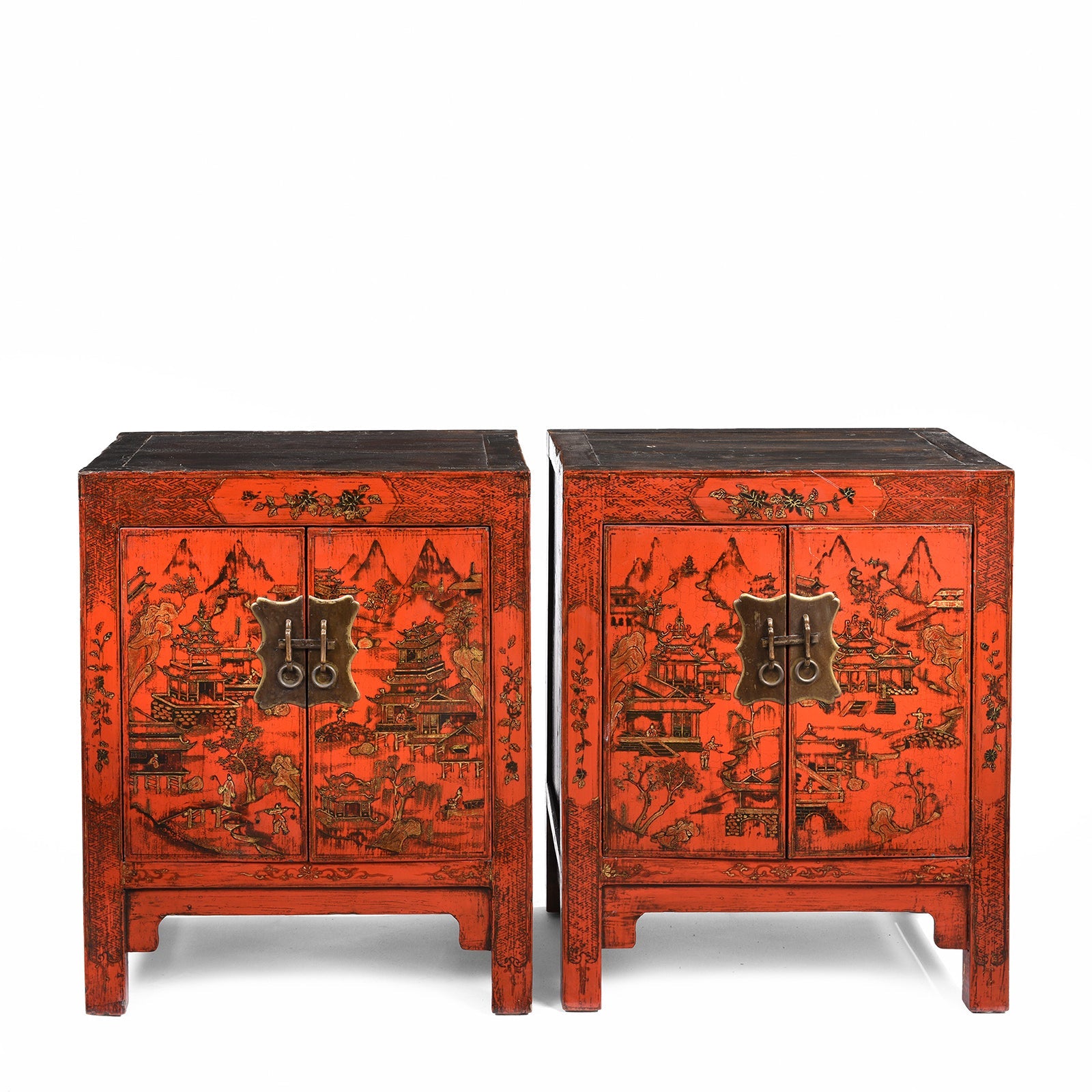 Pair of Red Lacquer Bedside Cabinets