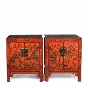 Pair of Red Lacquer Bedside Cabinets