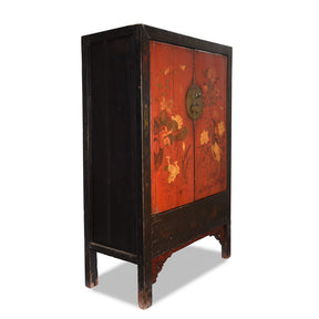 Red & Black Painted Lacquer Wedding Cabinet From Shanxi  -19th Century