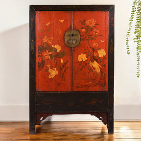 Red & Black Painted Lacquer Wedding Cabinet From Shanxi  -19th Century
