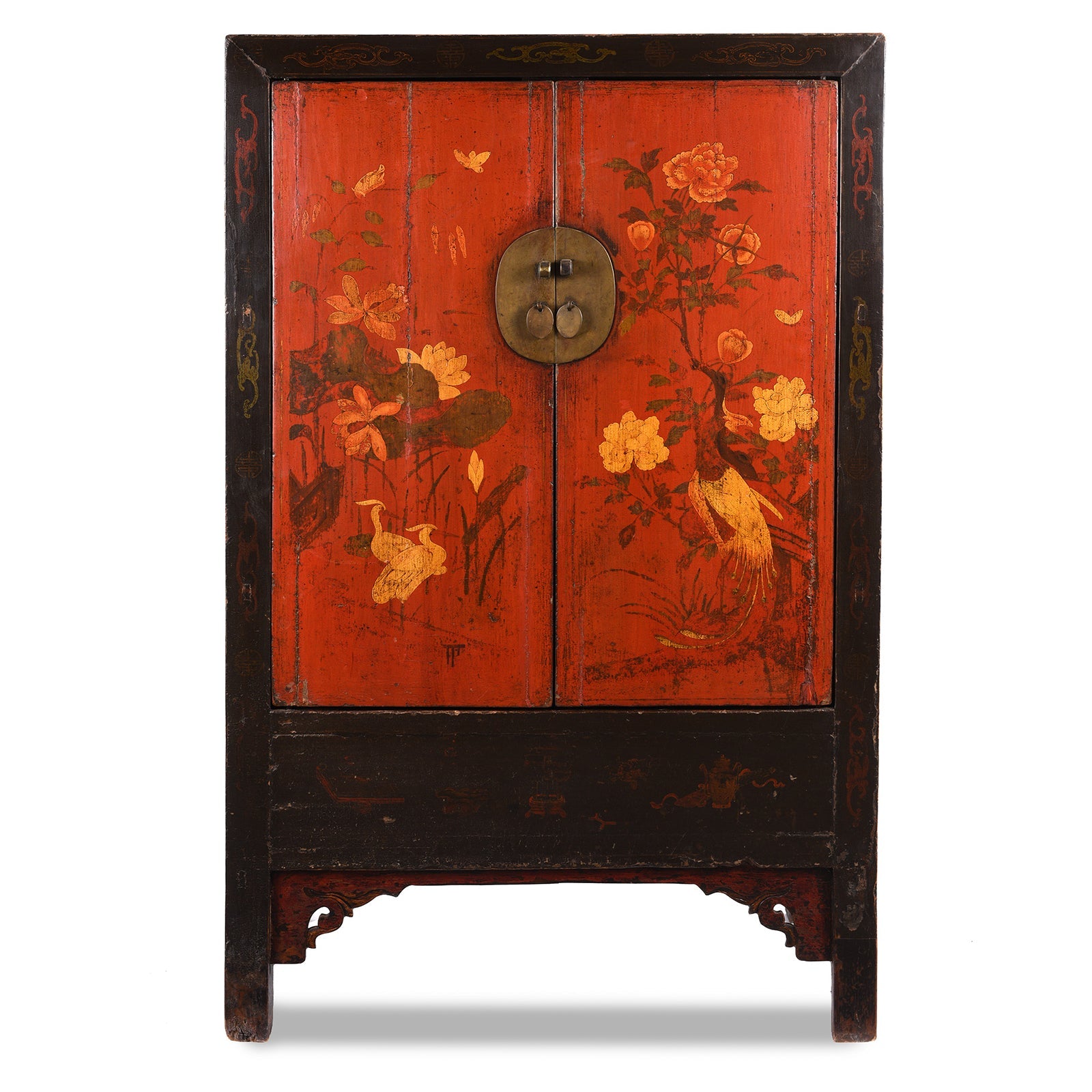 Red & Black Painted Lacquer Wedding Cabinet From Shanxi  -19th Century