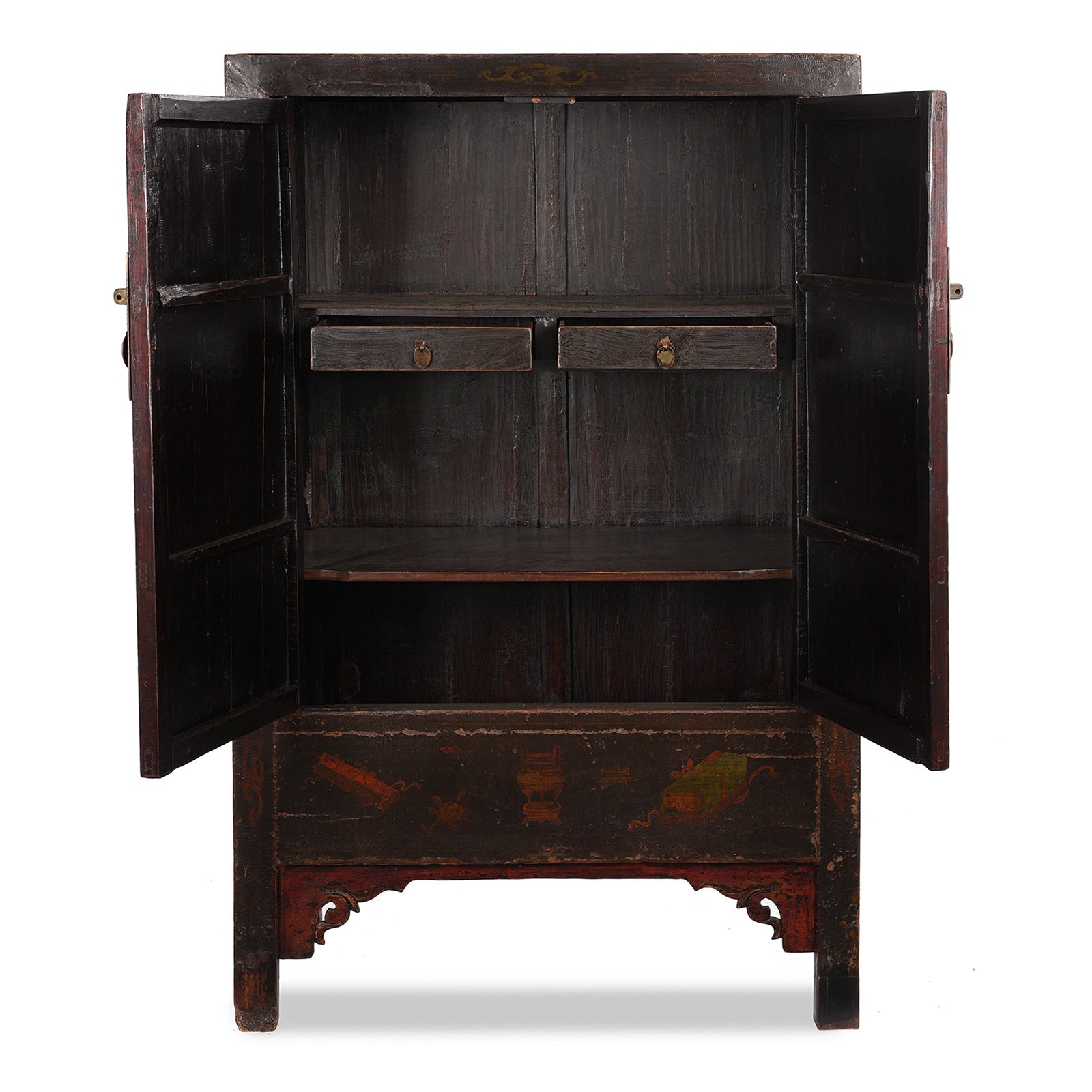 Red & Black Painted Lacquer Wedding Cabinet From Shanxi  -19thC