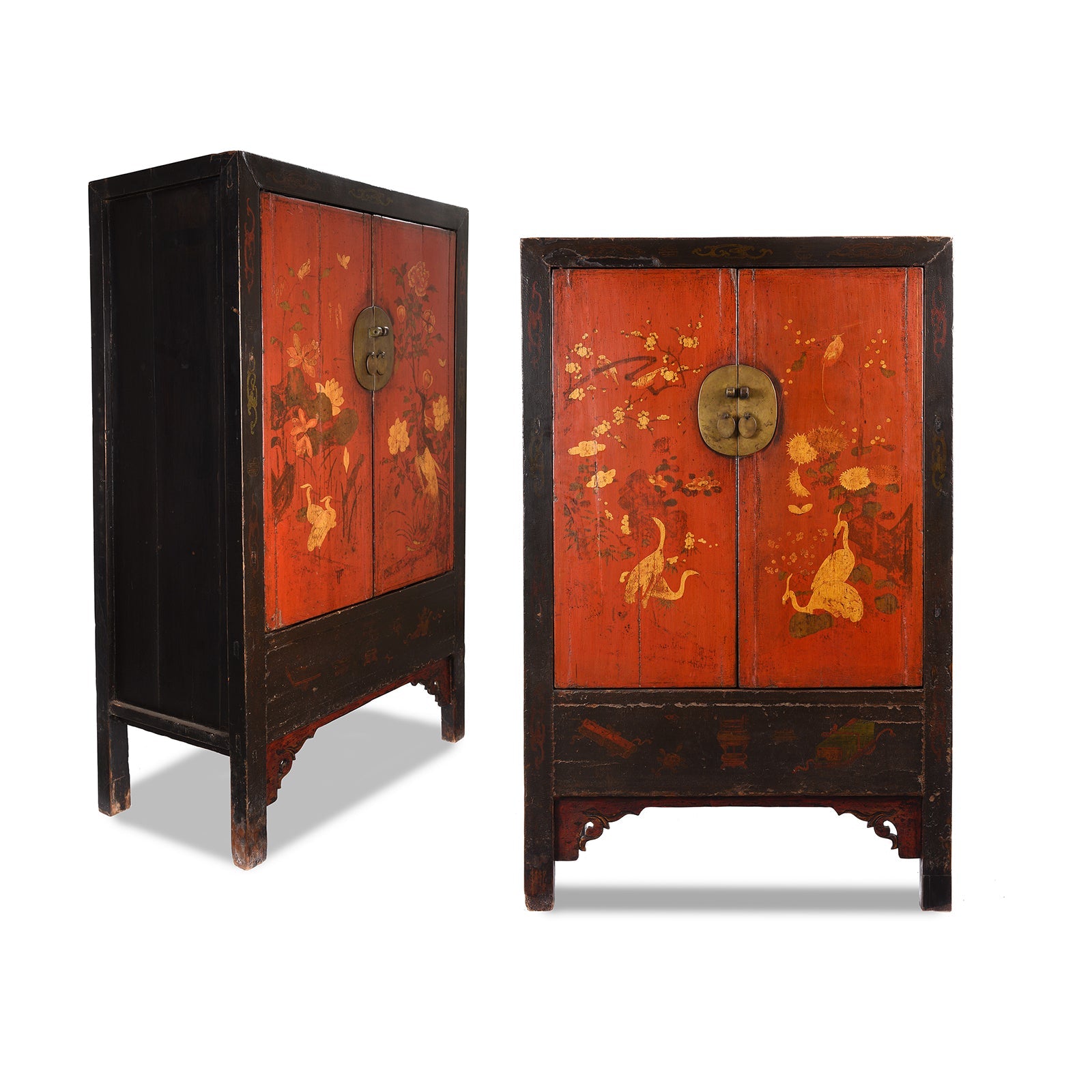 Red & Black Painted Lacquer Wedding Cabinet From Shanxi  -19thC