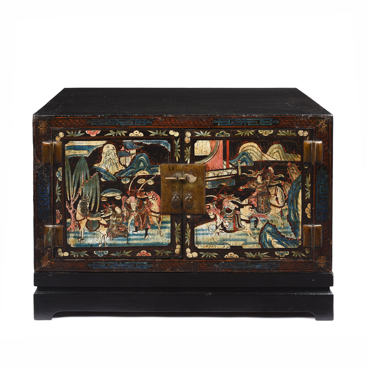 Black Lacquer Painted Low Cabinet On Stand From Shanxi - Early 20thC
