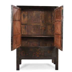 Antique Black Lacquer Wedding Cabinet From Shanxi - 19thC