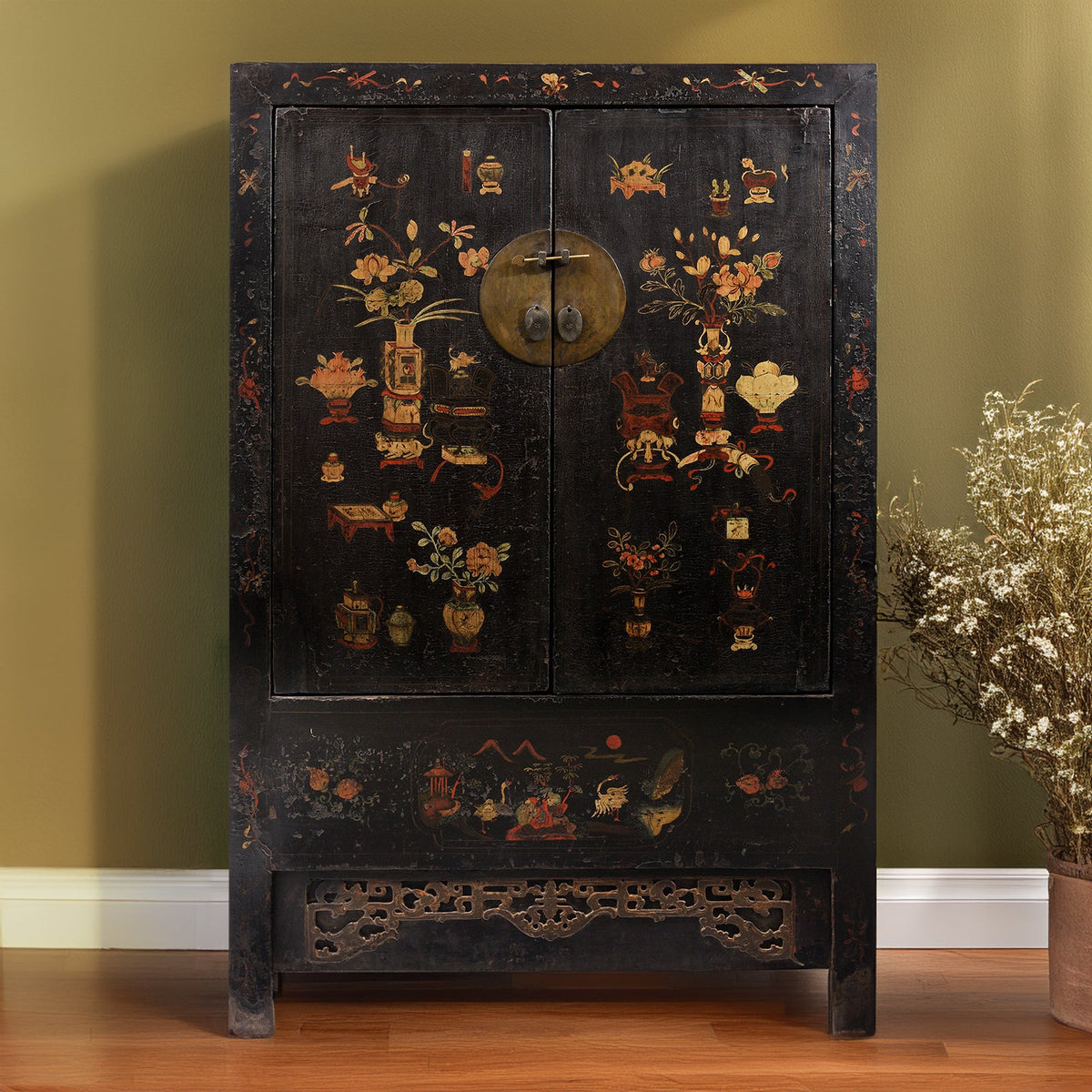 Black Lacquer Wedding Cabinet From Shanxi  -19th Century