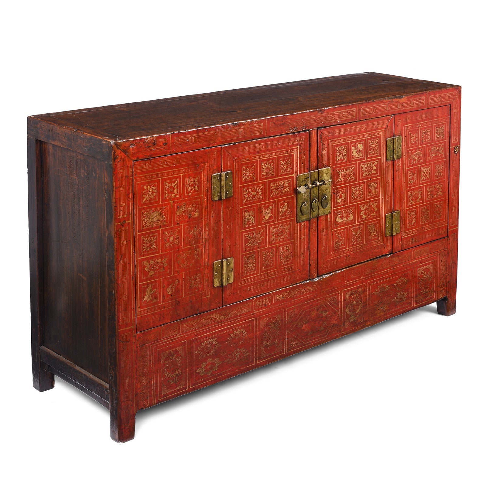 Red Lacquer Chinese Sideboard From Dongbei - Ca 1920