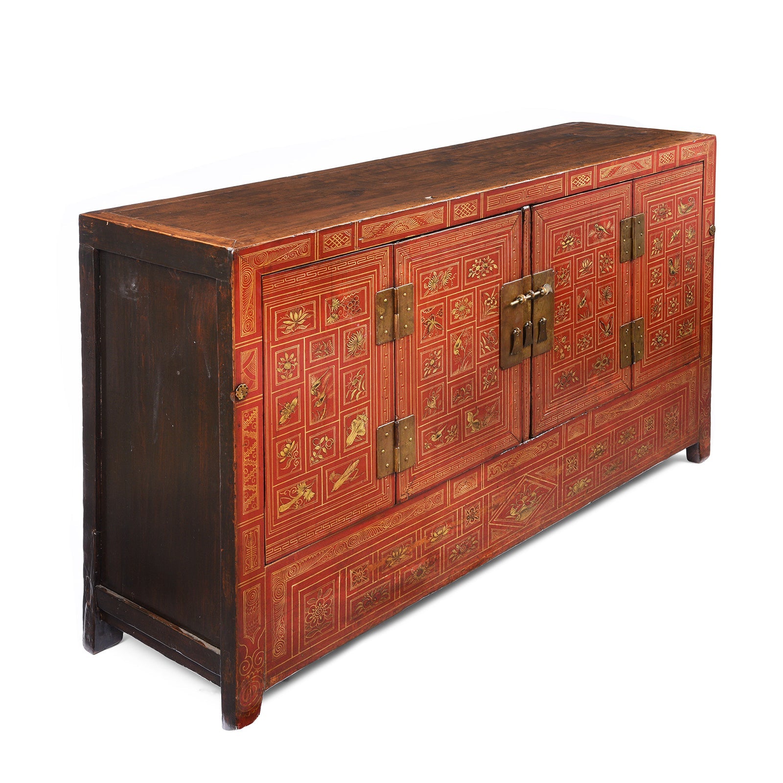 Red Lacquer Chinese Sideboard From Dongbei - Ca 1920