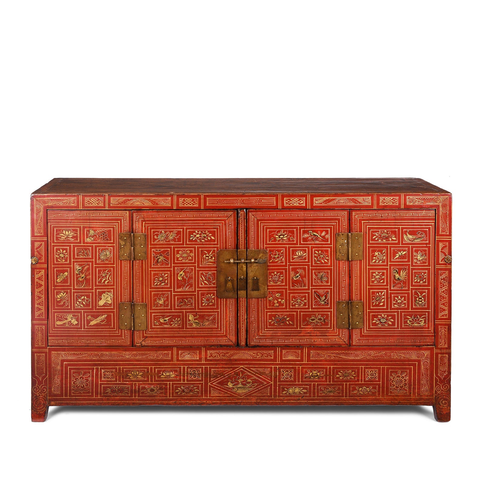 Red Lacquer Chinese Sideboard From Dongbei - Ca 1920
