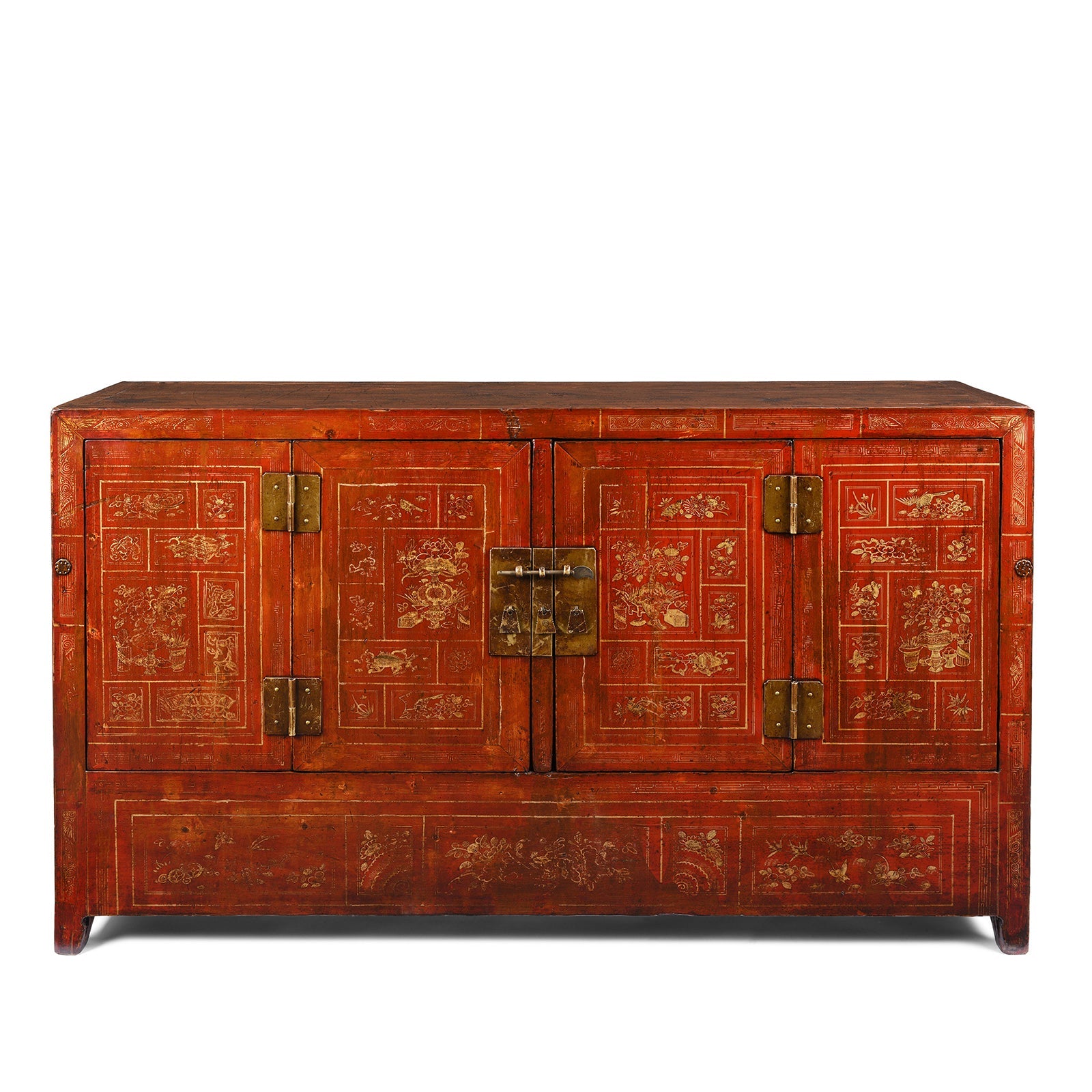 Red Lacquer Chinese Sideboard From Dongbei - Ca 1920