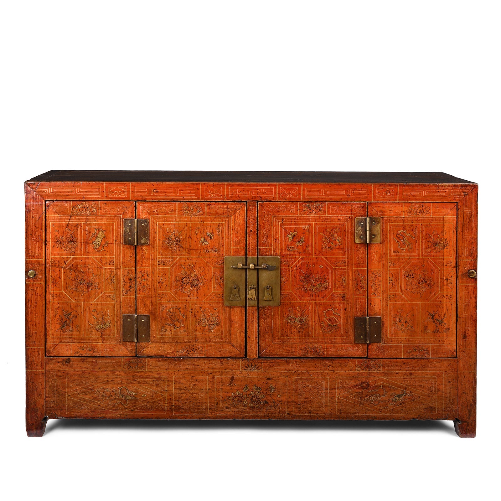 Red Lacquer Chinese Sideboard From Dongbei - Ca 1920