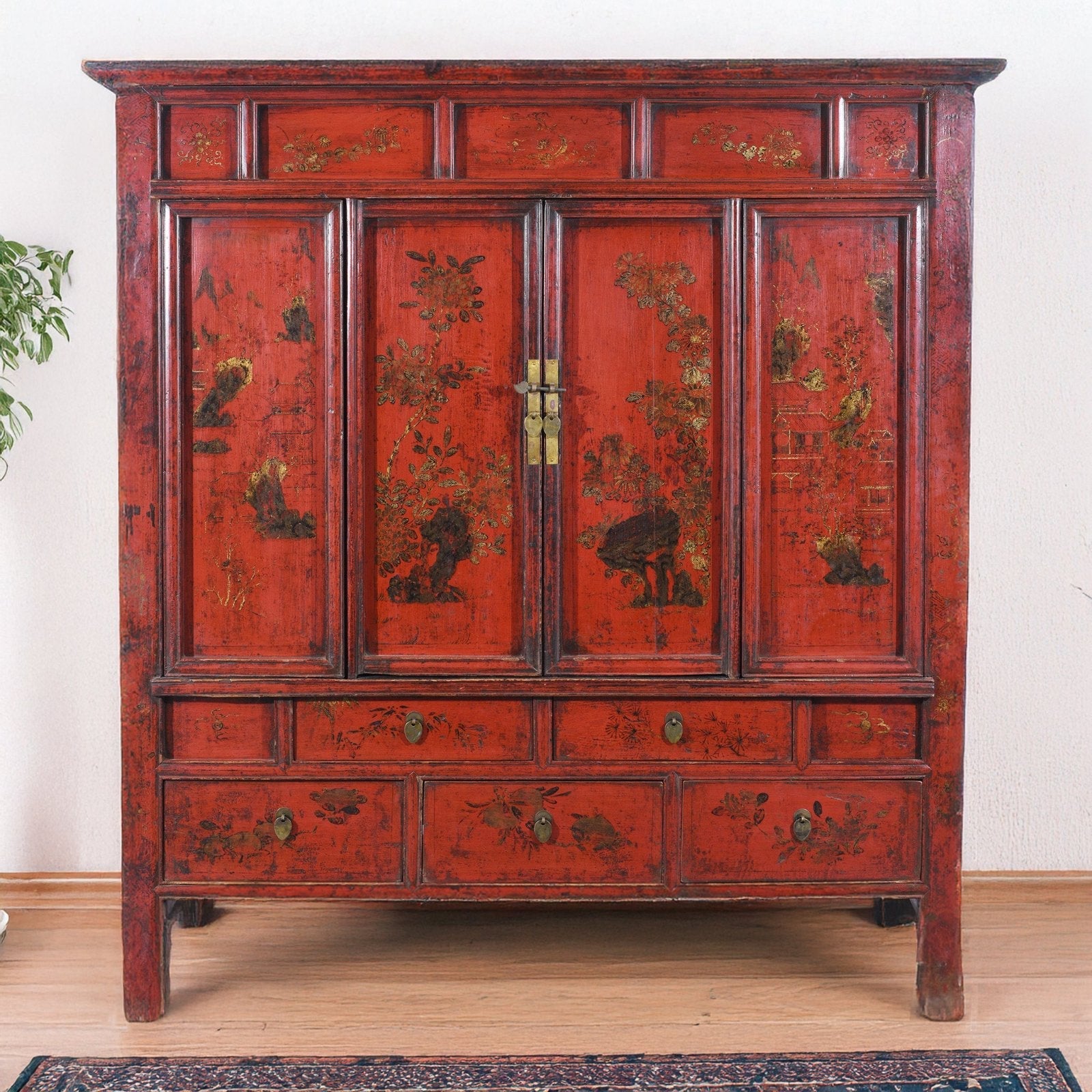Chinese Red Lacquer Wedding Cabinet From Shanxi  -19th Century