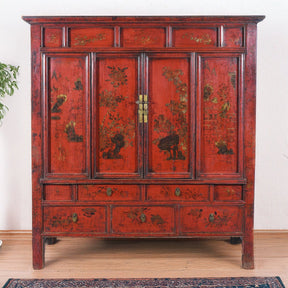 Chinese Red Lacquer Wedding Cabinet From Shanxi  -19th Century