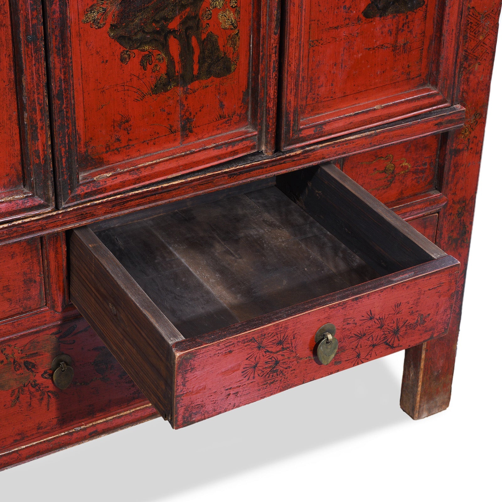 Chinese Red Lacquer Wedding Cabinet From Shanxi  -19th Century