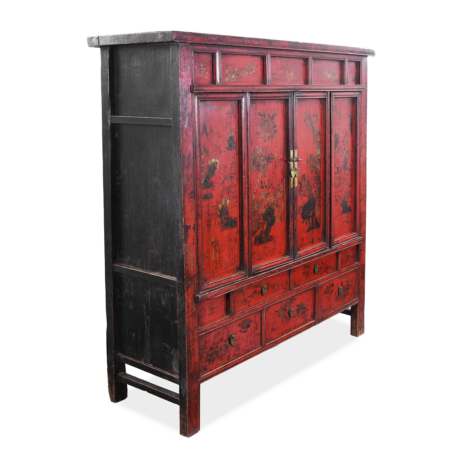 Chinese Red Lacquer Wedding Cabinet From Shanxi  -19th Century