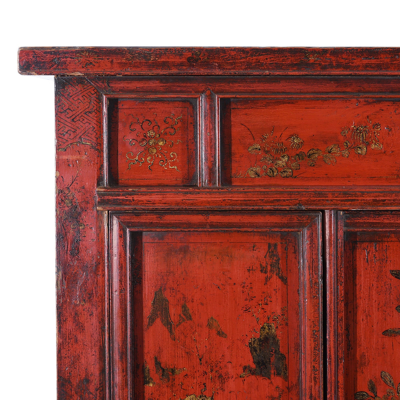 Chinese Red Lacquer Wedding Cabinet From Shanxi  -19th Century