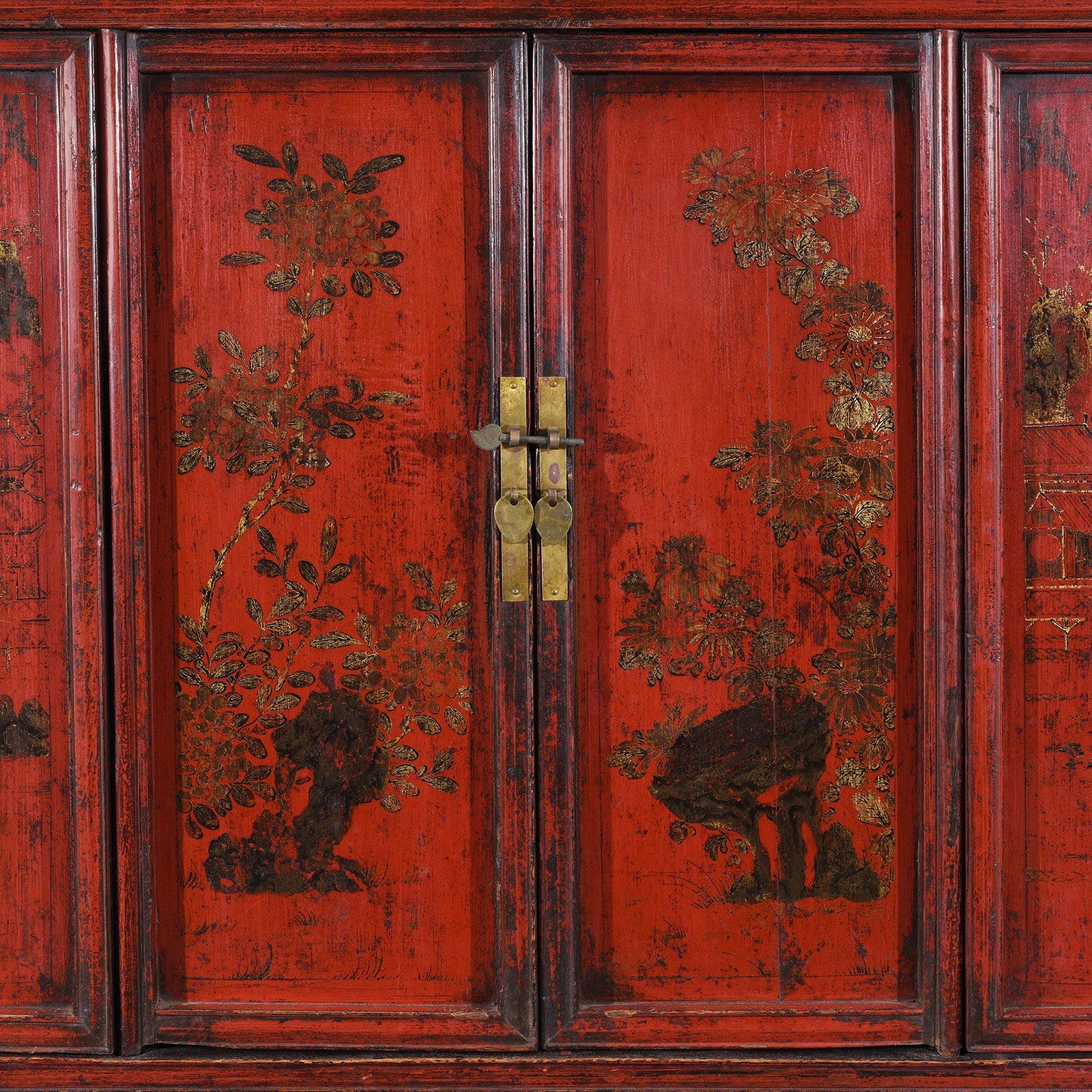 Chinese Red Lacquer Wedding Cabinet From Shanxi  -19th Century