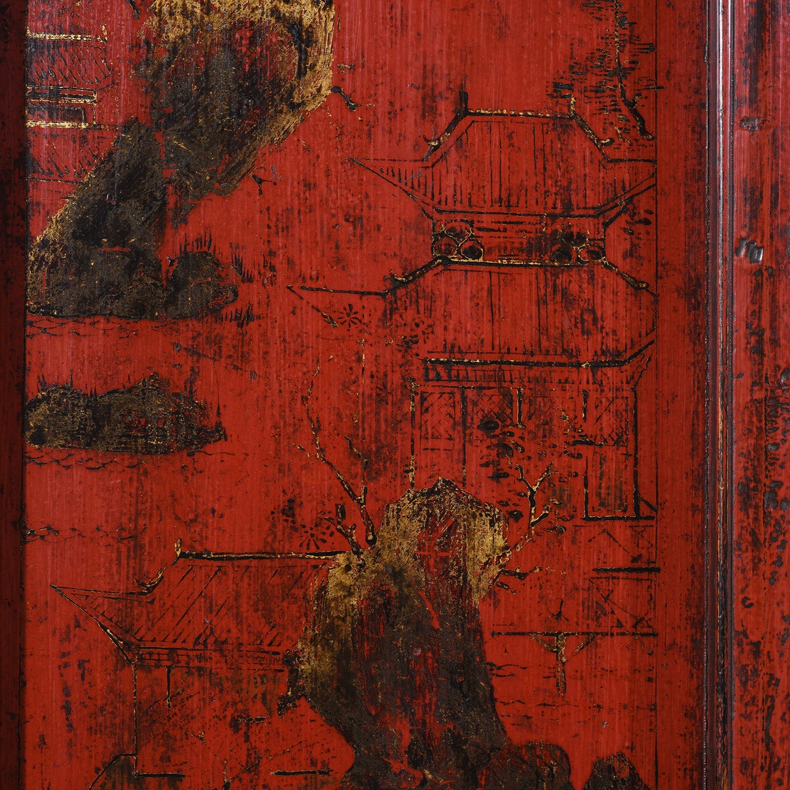 Chinese Red Lacquer Wedding Cabinet From Shanxi  -19th Century