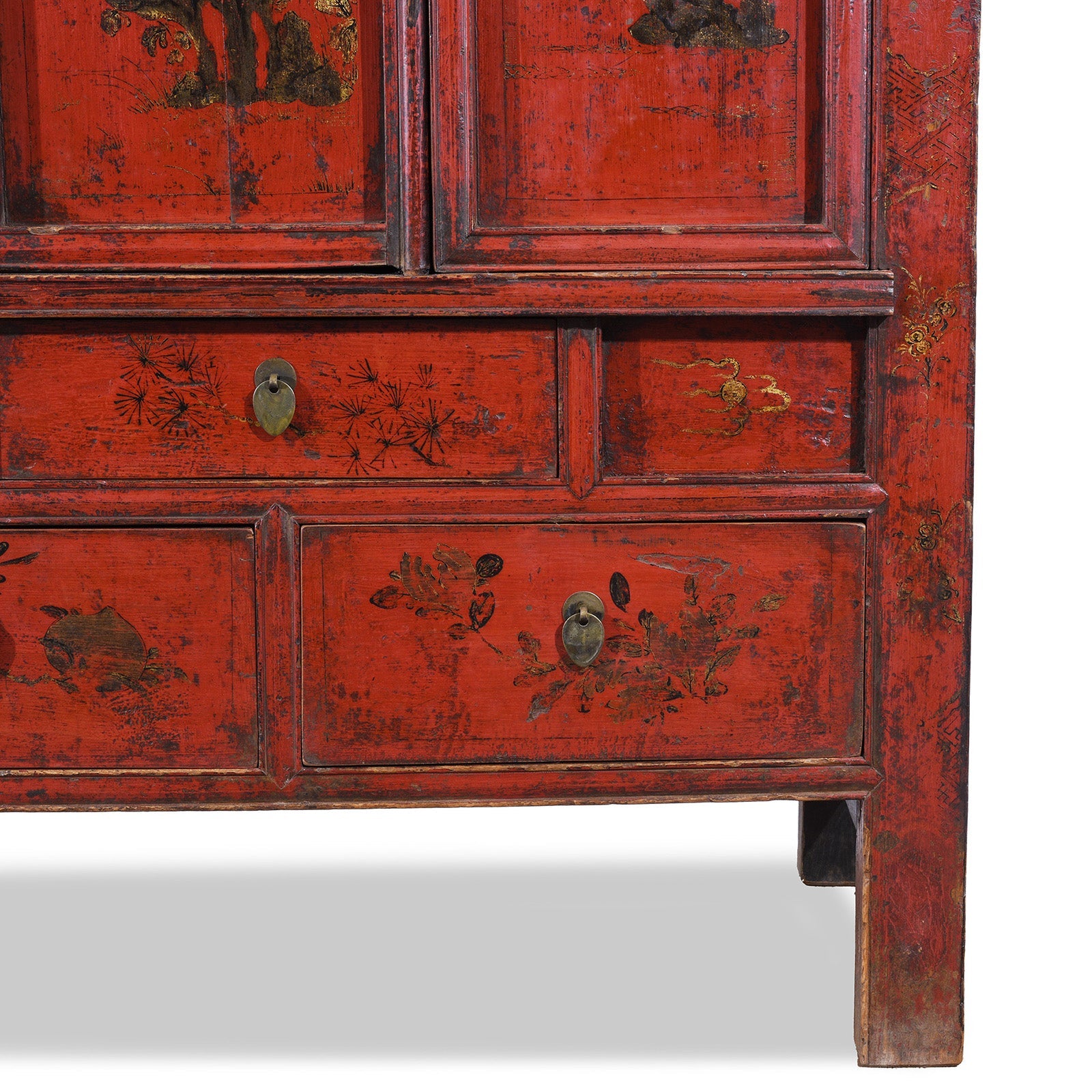 Chinese Red Lacquer Wedding Cabinet From Shanxi  -19th Century