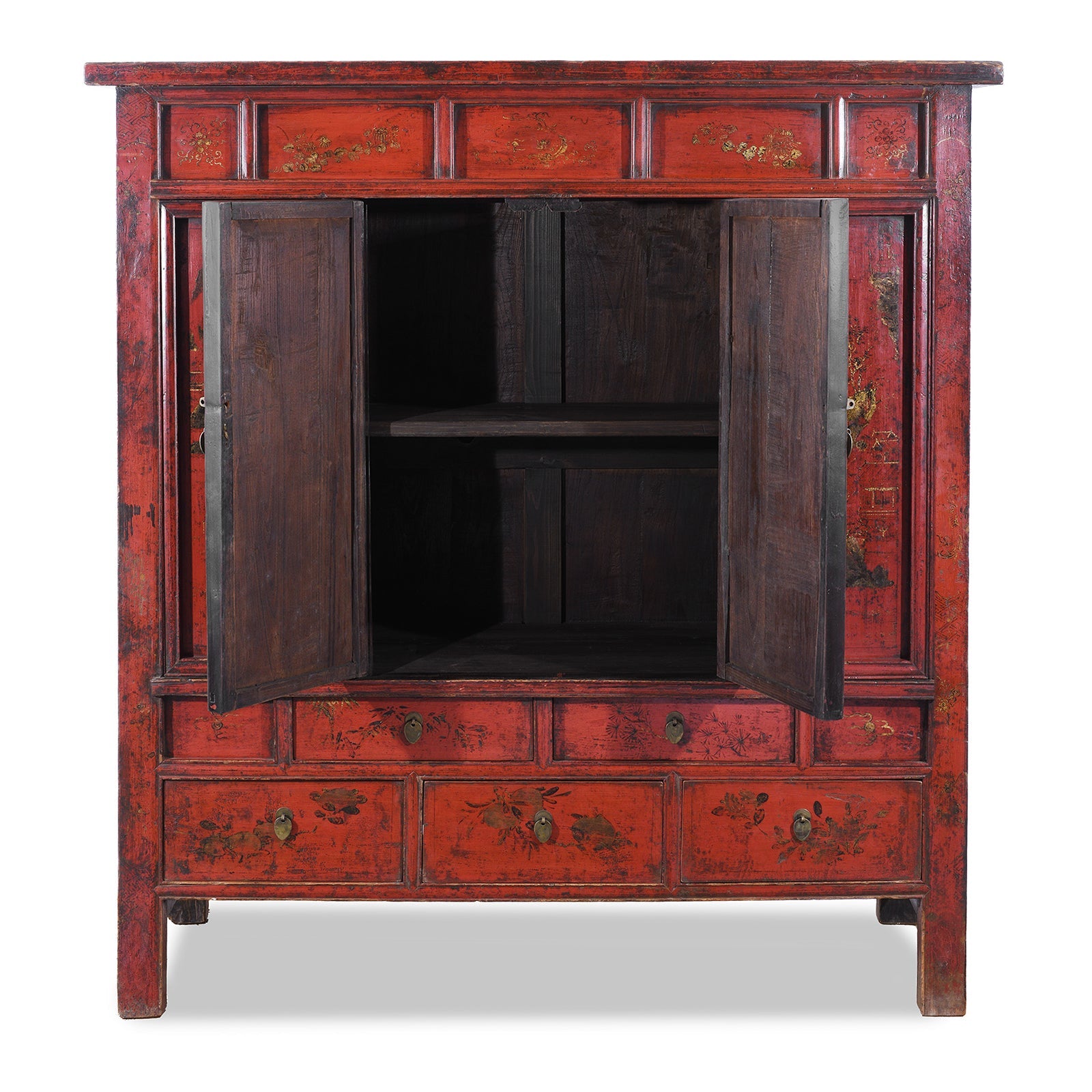 Chinese Red Lacquer Wedding Cabinet From Shanxi  -19th Century