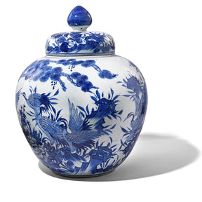 Blue & White Porcelain Temple Jar - Crane Design
