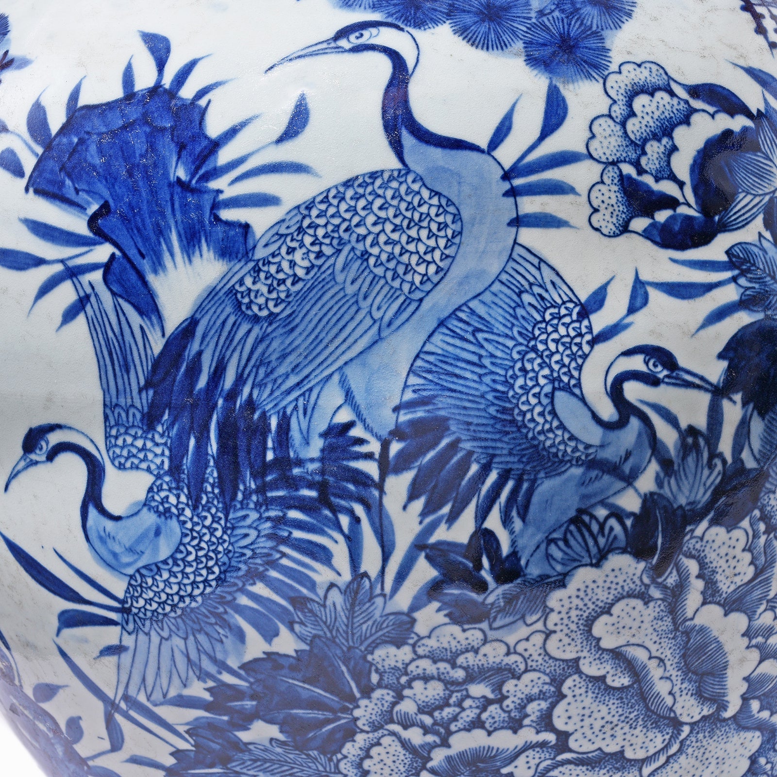Blue & White Porcelain Temple Jar - Crane Design