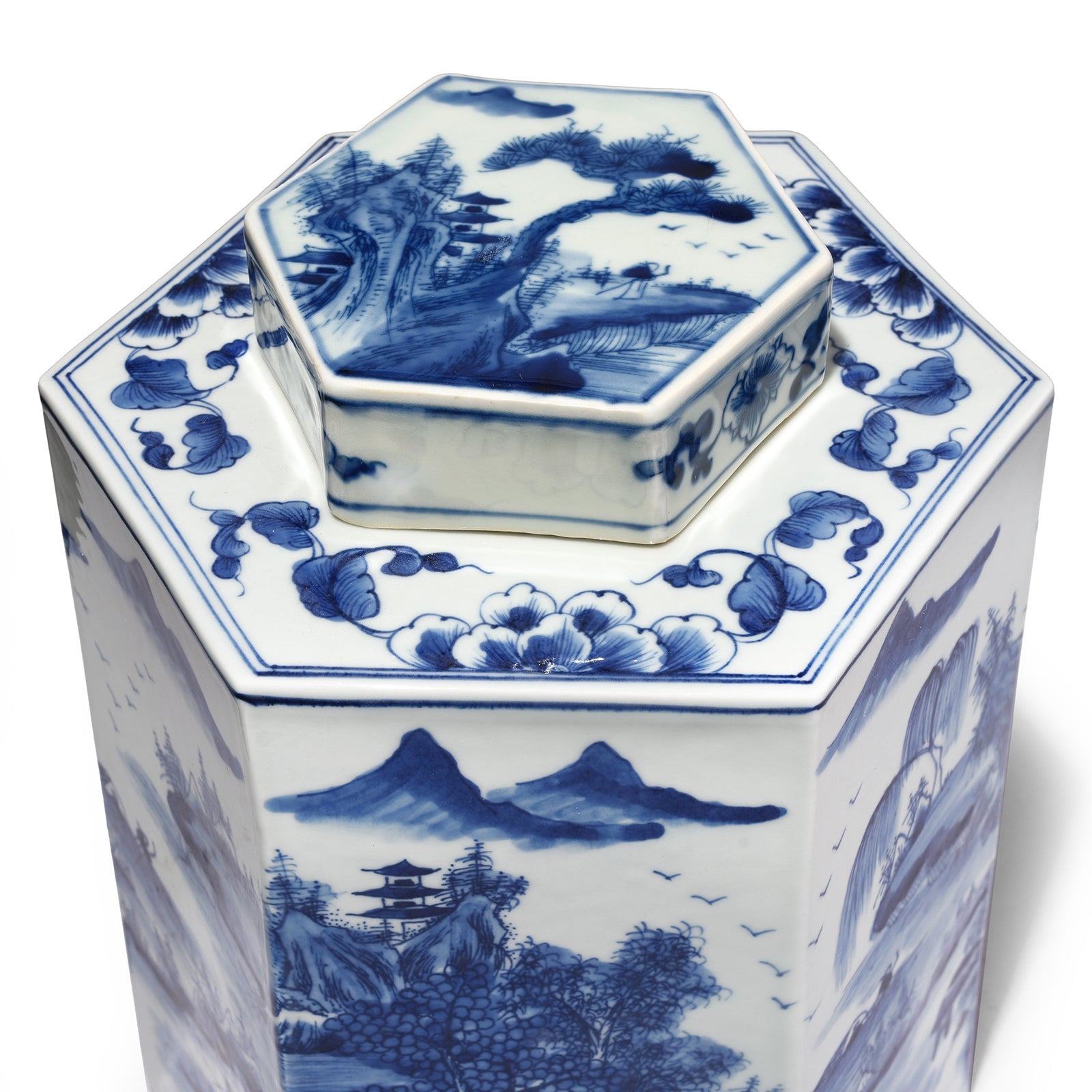 Hexagonal Blue & White Porcelain Tea Caddy - Pastoral Scenes