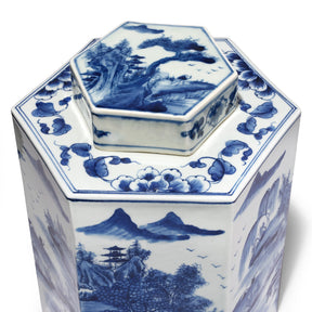 Hexagonal Blue & White Porcelain Tea Caddy - Pastoral Scenes