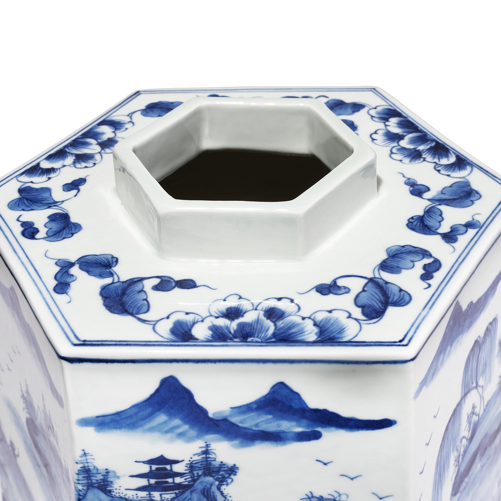 Hexagonal Blue & White Porcelain Tea Caddy - Pastoral Scenes