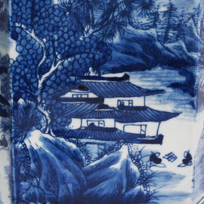 Hexagonal Blue & White Porcelain Tea Caddy - Pastoral Scenes