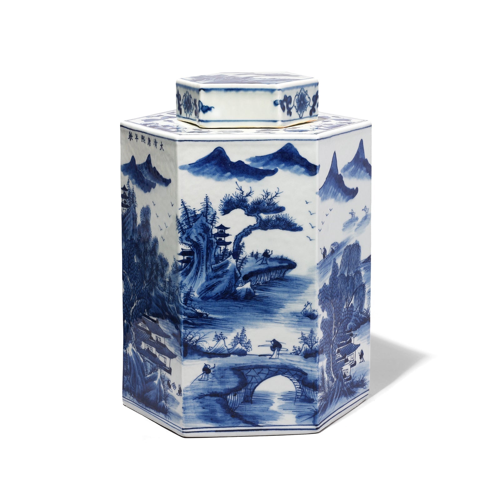 Hexagonal Blue & White Porcelain Tea Caddy - Pastoral Scenes