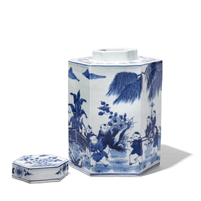 Hexagonal Blue & White Porcelain Tea Caddy - Children At Play