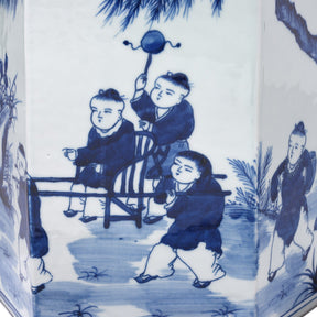 Hexagonal Blue & White Porcelain Tea Caddy - Children At Play