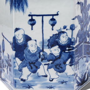 Hexagonal Blue & White Porcelain Tea Caddy - Children At Play