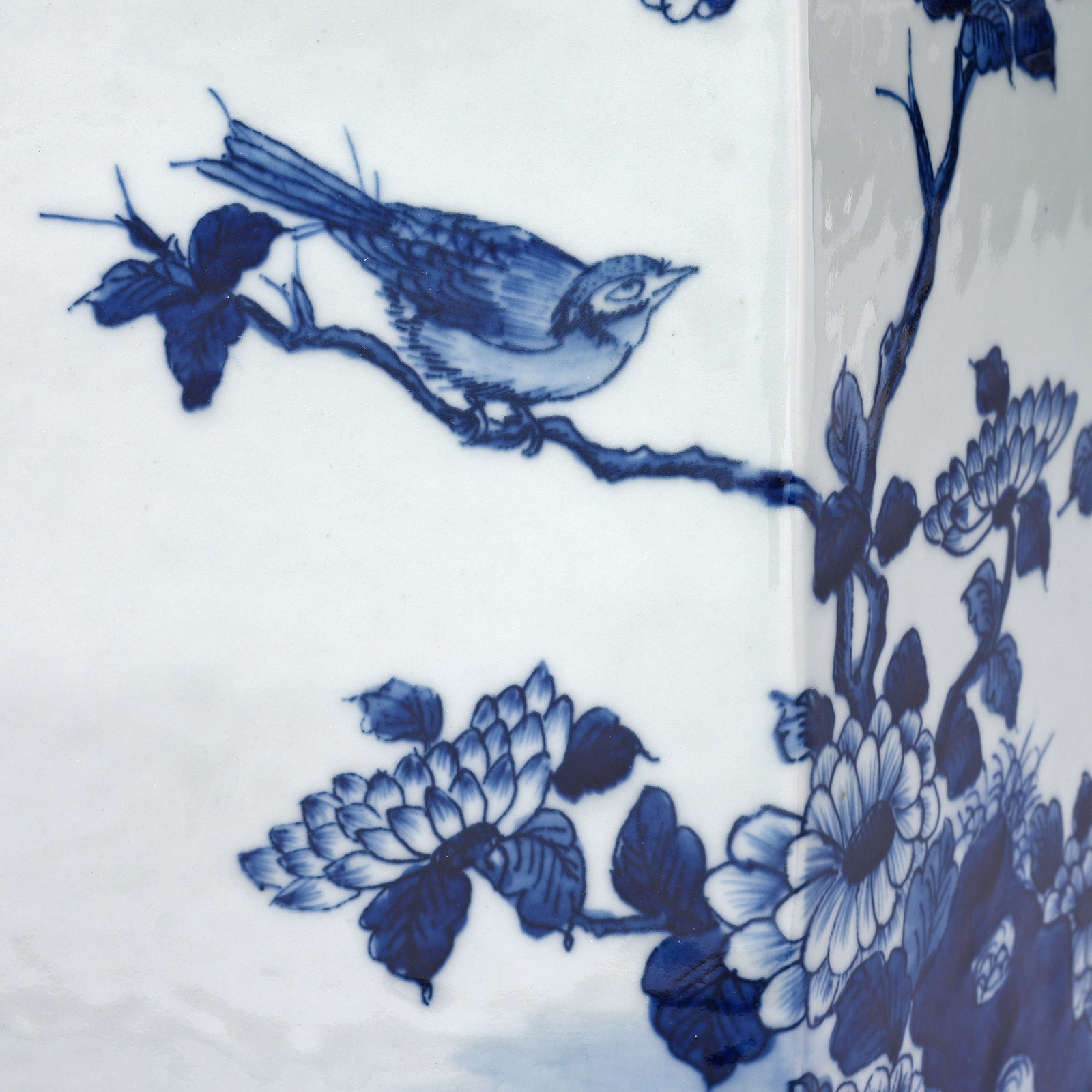 Hexagonal Blue & White Porcelain Tea Caddy - Blossoms & Birds