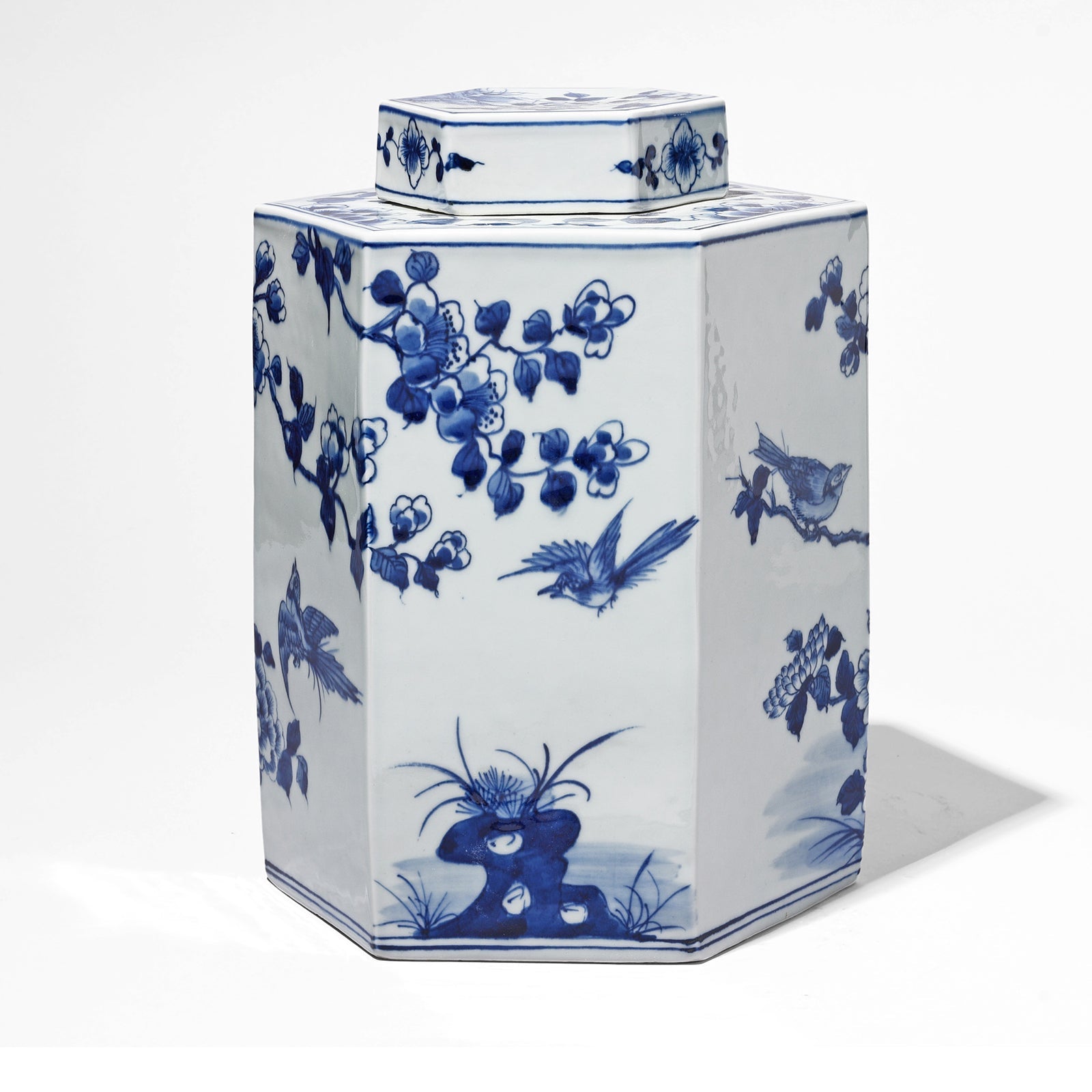 Hexagonal Blue & White Porcelain Tea Caddy - Blossoms & Birds