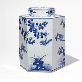 Hexagonal Blue & White Porcelain Tea Caddy - Blossoms & Birds