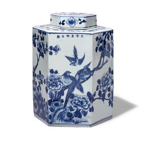 Hexagonal Blue & White Porcelain Tea Caddy - Blossoms & Birds