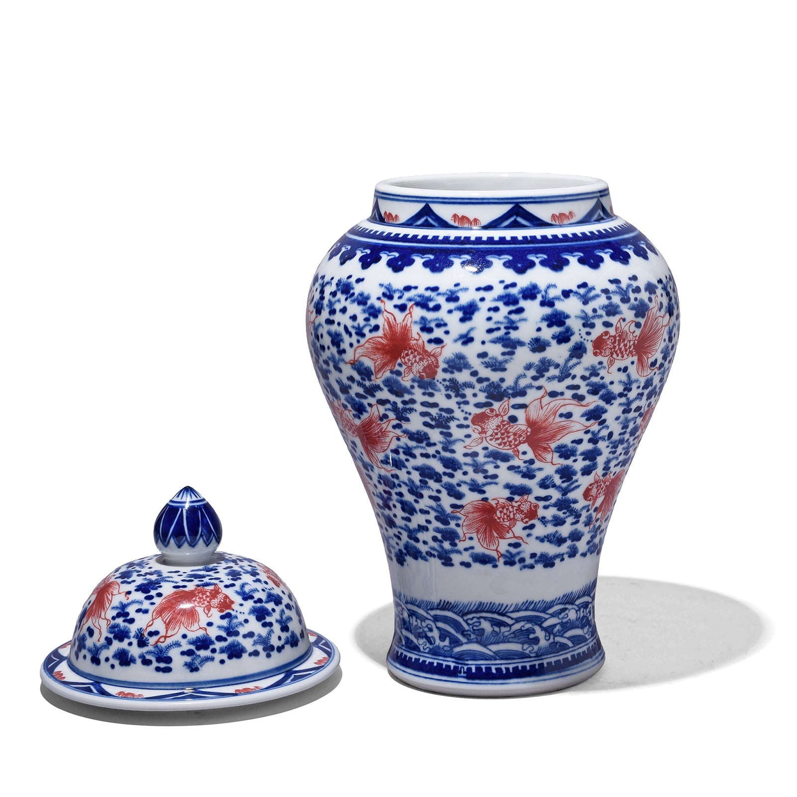 Blue & White Porcelain Temple Jar - Copper Fish
