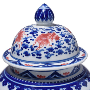 Blue & White Porcelain Temple Jar - Copper Fish