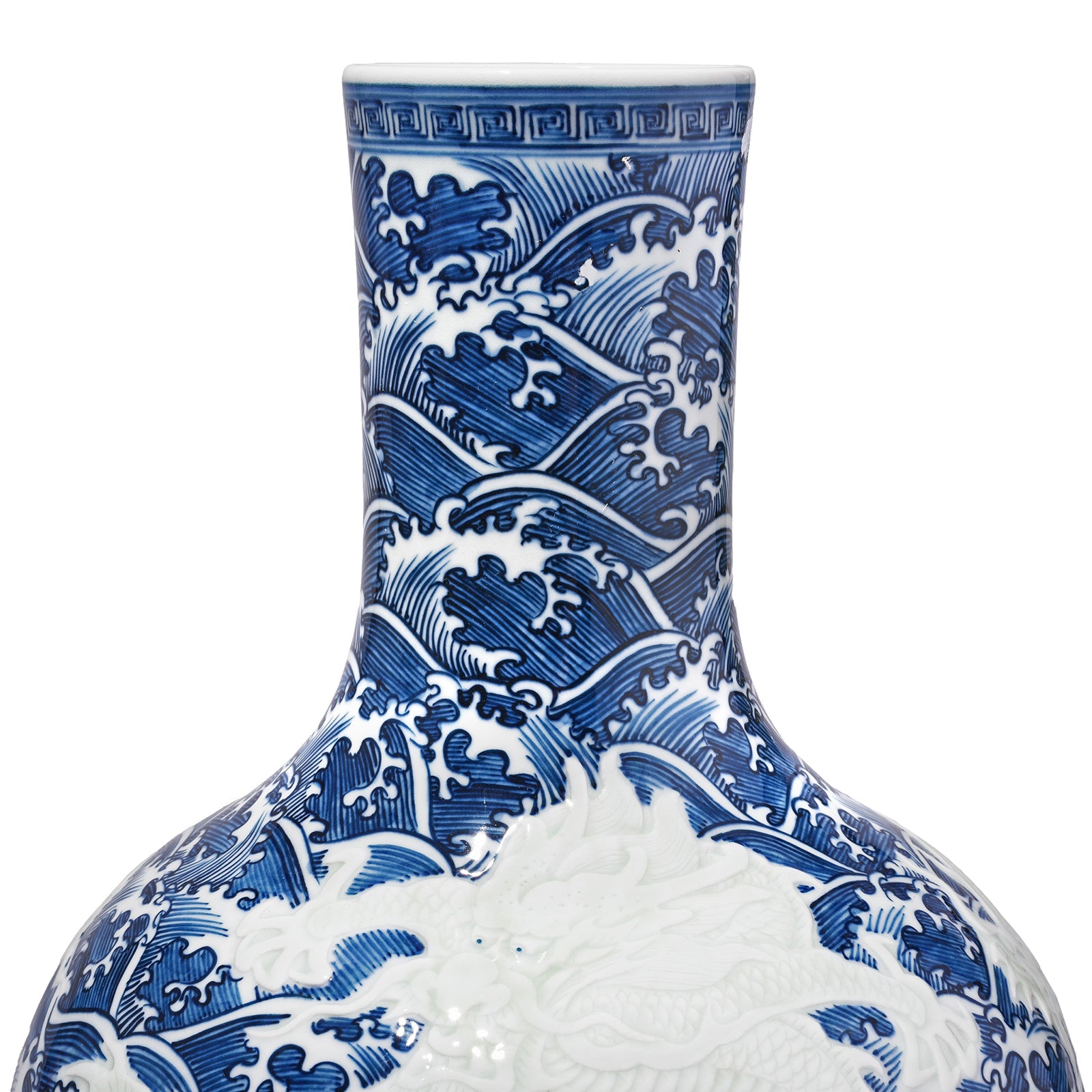 Blue & White Porcelain Tianqiuping Vase - Wave Dragons