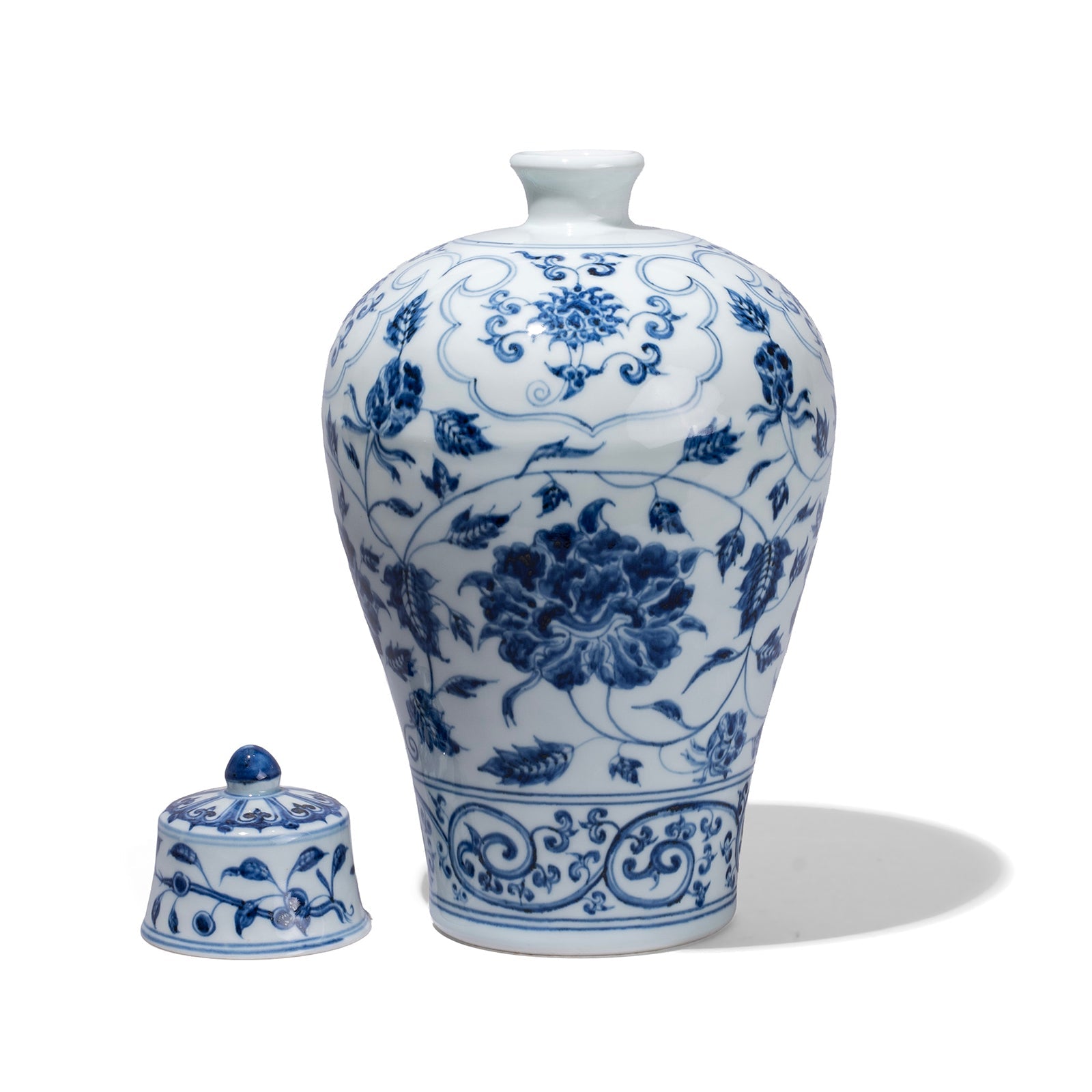 Blue & White Porcelain Lidded Temple Jar - Floral Design