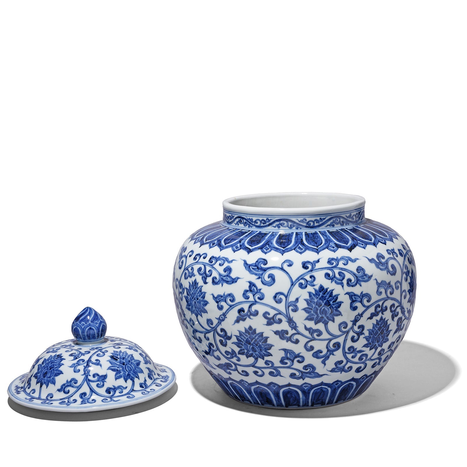 Blue & White Porcelain Lidded Urn - Lotus